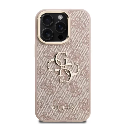 Guess PU 4G Metal Logo Stand Camera Frame tok iPhone 15 Pro készülékhez rózsaszín