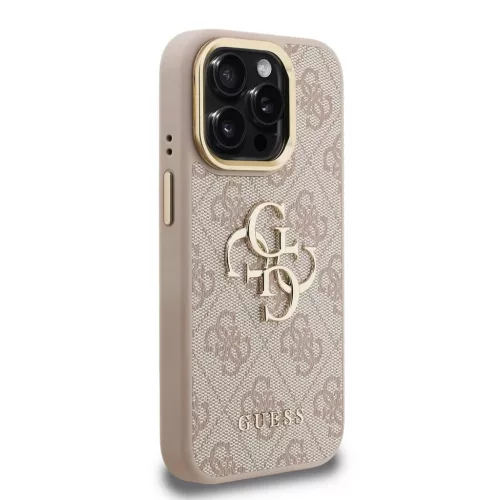 Guess PU 4G Metal Logo Stand Camera Frame tok iPhone 15 Pro készülékhez rózsaszín
