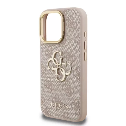 Guess PU 4G Metal Logo Stand Camera Frame tok iPhone 15 Pro készülékhez rózsaszín