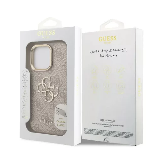 Guess PU 4G Metal Logo állványos kamera keretes tok iPhone 15 Pro Max készülékhez rózsaszín
