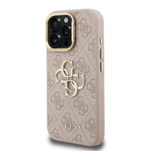 Guess PU 4G Metal Logo Stand Camera Frame tok iPhone 16 Pro készülékhez rózsaszín