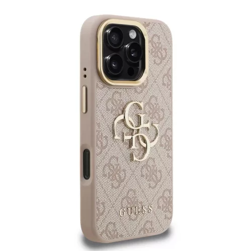 Guess PU 4G Metal Logo Stand Camera Frame tok iPhone 16 Pro készülékhez rózsaszín