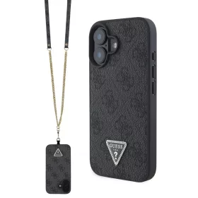   Guess PU 4G Strass Triangle Metal Logo tok + keresztpánt iPhone 16 készülékhez fekete