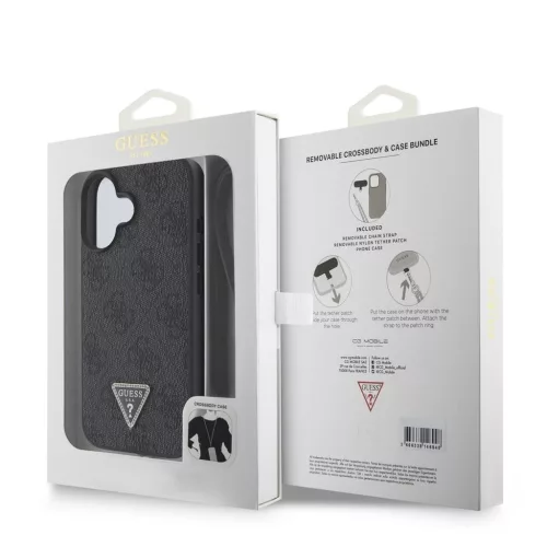 Guess PU 4G Strass Triangle Metal Logo tok + keresztpánt iPhone 16 készülékhez fekete
