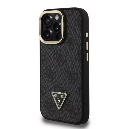 Guess PU 4G Strass Triangle Logo Állványos Kamerakeretes MagSafe tok iPhone 15 Pro Max készülékhez fekete