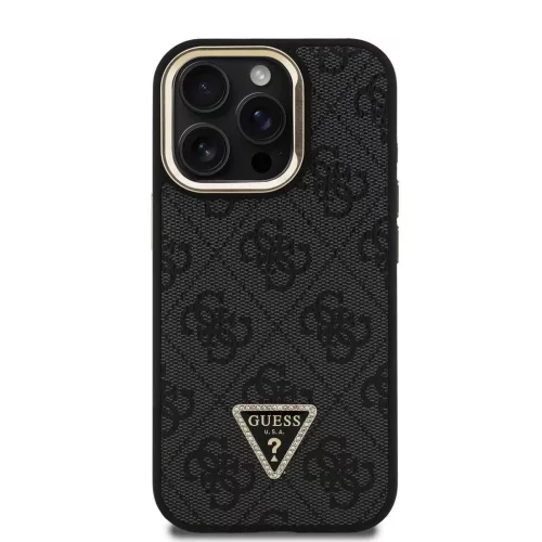 Guess PU 4G Strass Triangle Logo Állványos Kamerakeretes MagSafe tok iPhone 15 Pro Max készülékhez fekete