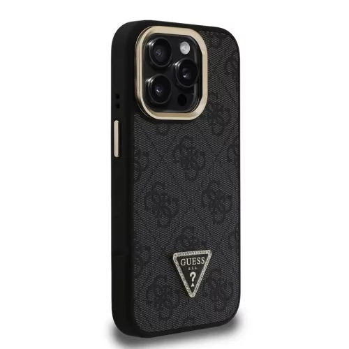Guess PU 4G Strass Triangle Logo Állványos Kamerakeretes MagSafe tok iPhone 15 Pro Max készülékhez fekete