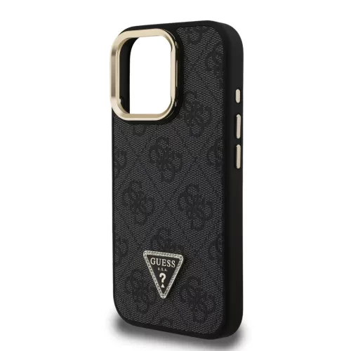 Guess PU 4G Strass Triangle Logo Állványos Kamerakeretes MagSafe tok iPhone 15 Pro Max készülékhez fekete