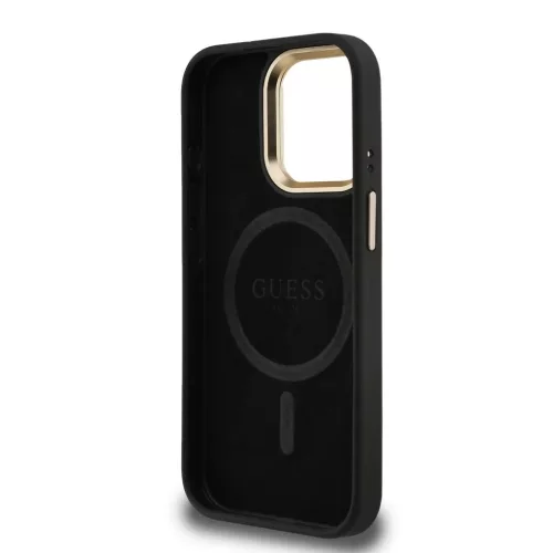 Guess PU 4G Strass Triangle Logo Állványos Kamerakeretes MagSafe tok iPhone 15 Pro Max készülékhez fekete