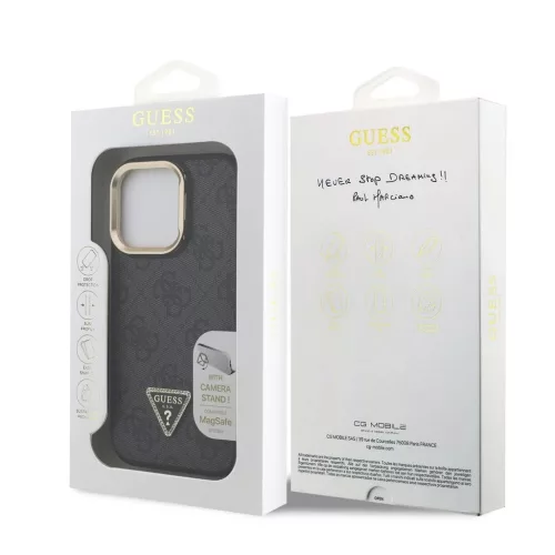 Guess PU 4G Strass Triangle Logo Állványos Kamerakeretes MagSafe tok iPhone 15 Pro Max készülékhez fekete