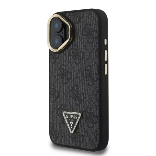 Guess PU 4G Strass Triangle Logo Stand Camera Frame MagSafe Tok iPhone 16 készülékhez fekete