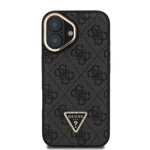Guess PU 4G Strass Triangle Logo Stand Camera Frame MagSafe Tok iPhone 16 készülékhez fekete