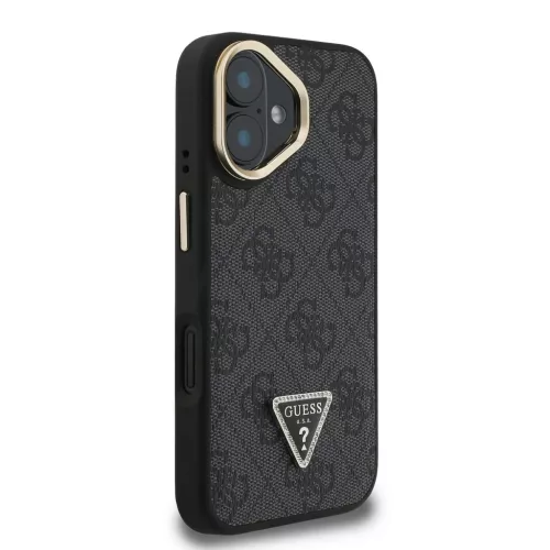 Guess PU 4G Strass Triangle Logo Stand Camera Frame MagSafe Tok iPhone 16 készülékhez fekete