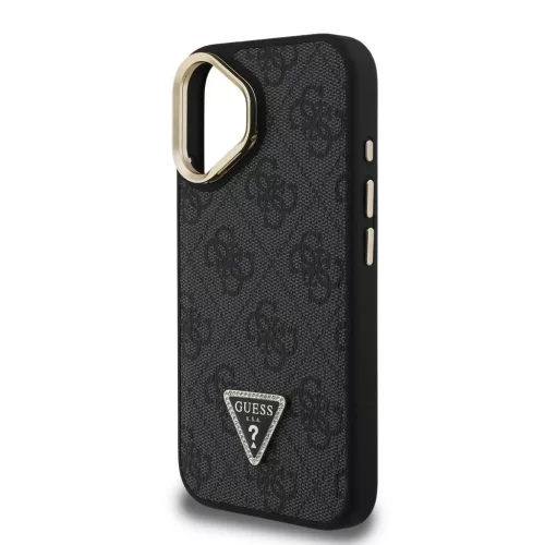 Guess PU 4G Strass Triangle Logo Stand Camera Frame MagSafe Tok iPhone 16 készülékhez fekete