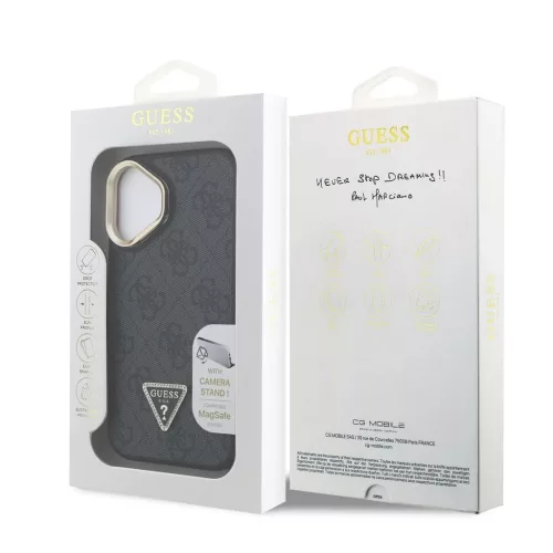 Guess PU 4G Strass Triangle Logo Stand Camera Frame MagSafe Tok iPhone 16 készülékhez fekete