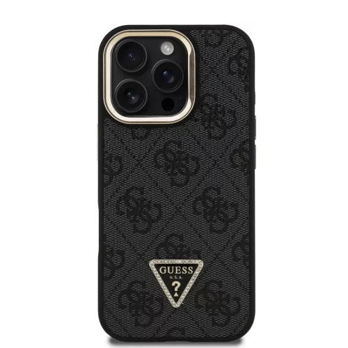 Guess PU 4G Strass Triangle Logo Stand Camera Frame MagSafe tok iPhone 16 Pro készülékhez fekete
