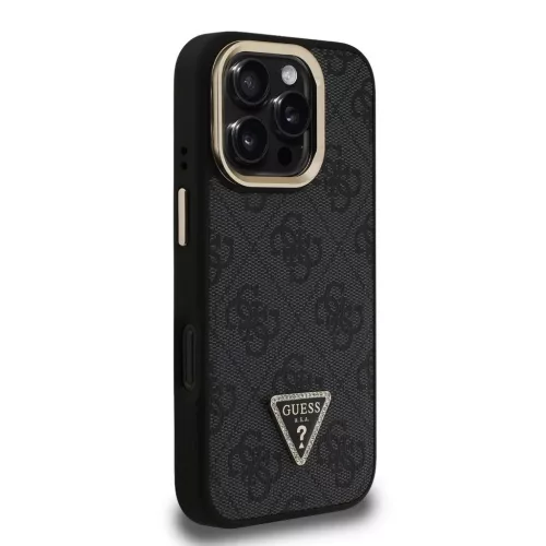 Guess PU 4G Strass Triangle Logo Stand Camera Frame MagSafe tok iPhone 16 Pro készülékhez fekete