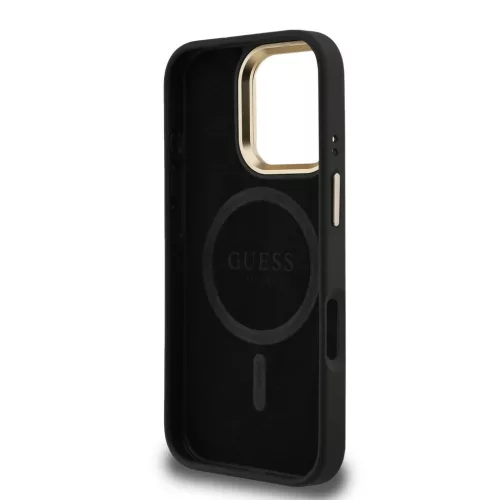 Guess PU 4G Strass Triangle Logo Stand Camera Frame MagSafe tok iPhone 16 Pro készülékhez fekete