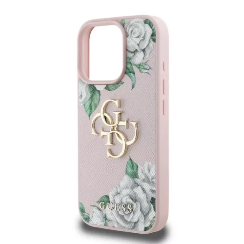 Guess PU Grained Roses 4G Metal Logo tok iPhone 16 Pro készülékhez rózsaszín
