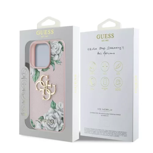 Guess PU Grained Roses 4G Metal Logo tok iPhone 16 Pro készülékhez rózsaszín