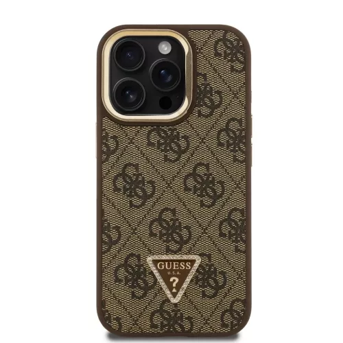 Guess PU 4G Strass Triangle Logo Stand Camera Frame MagSafe Tok iPhone 15 Pro Max készülékhez barna