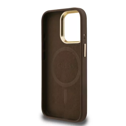Guess PU 4G Strass Triangle Logo Stand Camera Frame MagSafe Tok iPhone 15 Pro Max készülékhez barna
