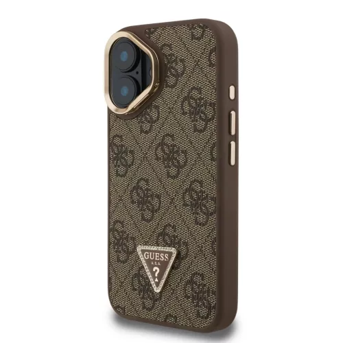 Guess PU 4G Strass Triangle Logo Stand Camera Frame MagSafe tok iPhone 16 készülékhez barna