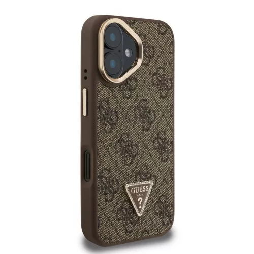 Guess PU 4G Strass Triangle Logo Stand Camera Frame MagSafe tok iPhone 16 készülékhez barna