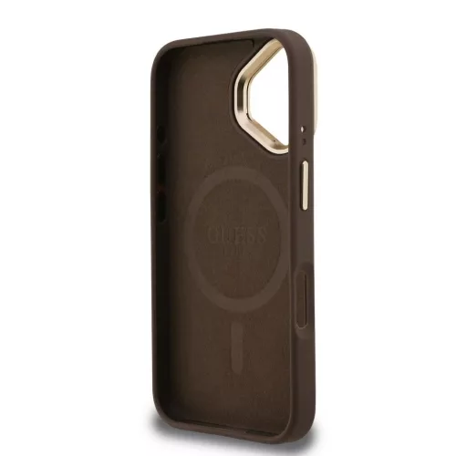 Guess PU 4G Strass Triangle Logo Stand Camera Frame MagSafe tok iPhone 16 készülékhez barna
