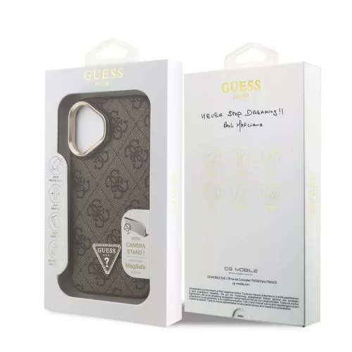 Guess PU 4G Strass Triangle Logo Stand Camera Frame MagSafe tok iPhone 16 készülékhez barna
