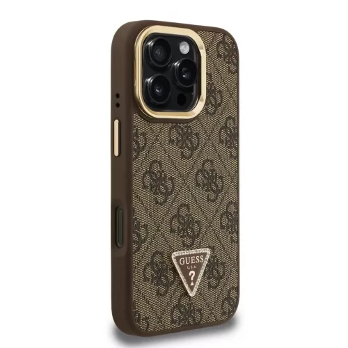 Guess PU 4G Strass Triangle Logo Stand Camera Frame MagSafe tok iPhone 16 Pro készülékhez barna