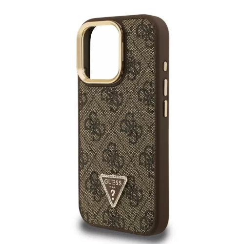 Guess PU 4G Strass Triangle Logo Stand Camera Frame MagSafe tok iPhone 16 Pro készülékhez barna