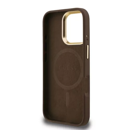 Guess PU 4G Strass Triangle Logo Stand Camera Frame MagSafe tok iPhone 16 Pro készülékhez barna