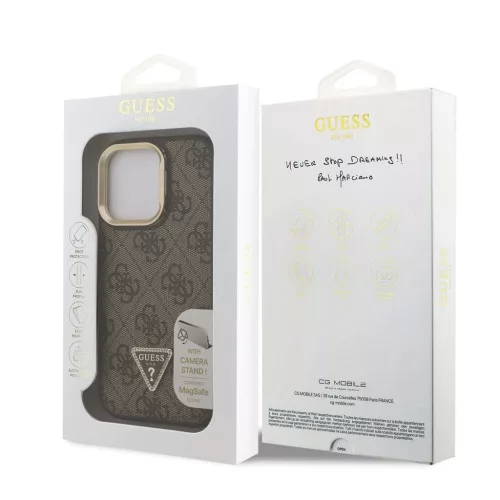 Guess PU 4G Strass Triangle Logo Stand Camera Frame MagSafe tok iPhone 16 Pro készülékhez barna