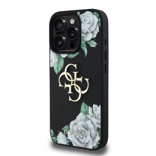 Guess PU Grained Roses 4G Metal Logo tok iPhone 16 Pro készülékhez fekete