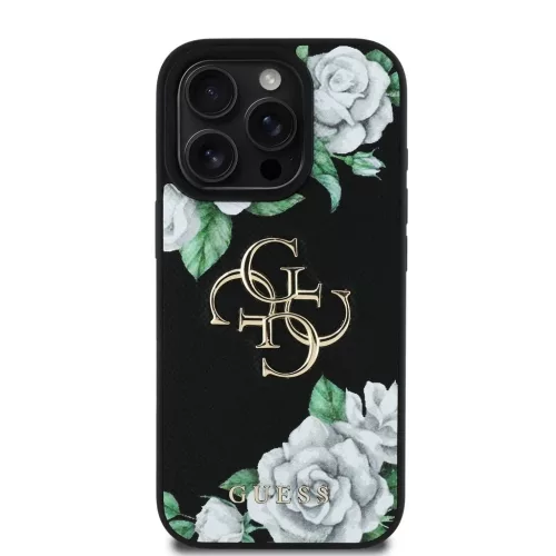 Guess PU Grained Roses 4G Metal Logo tok iPhone 16 Pro készülékhez fekete