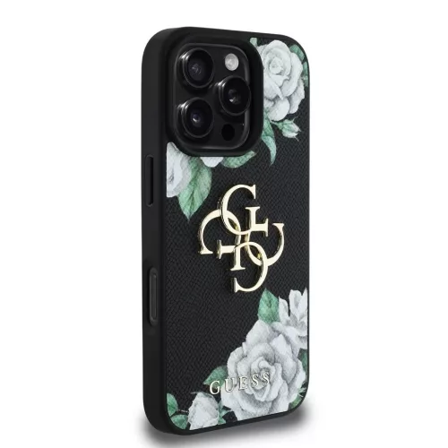 Guess PU Grained Roses 4G Metal Logo tok iPhone 16 Pro készülékhez fekete