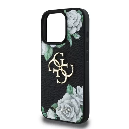 Guess PU Grained Roses 4G Metal Logo tok iPhone 16 Pro készülékhez fekete