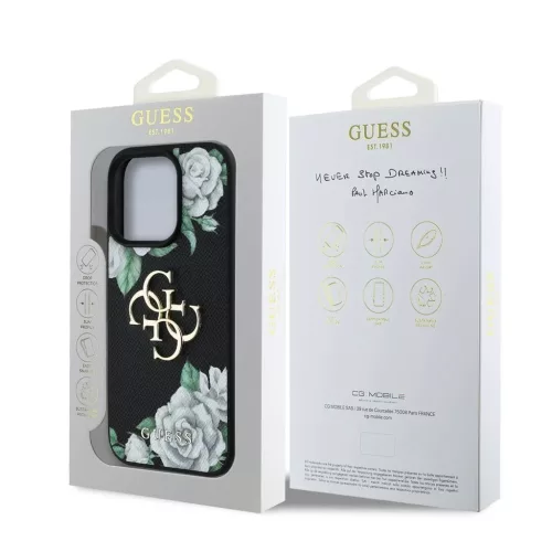 Guess PU Grained Roses 4G Metal Logo tok iPhone 16 Pro készülékhez fekete