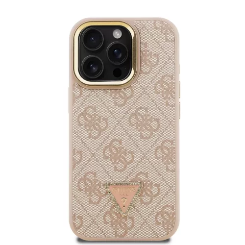 Guess PU 4G Strass Triangle Logo Stand Camera Frame MagSafe tok iPhone 15 Pro Max készülékhez rózsaszín