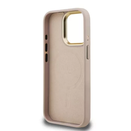 Guess PU 4G Strass Triangle Logo Stand Camera Frame MagSafe tok iPhone 15 Pro Max készülékhez rózsaszín