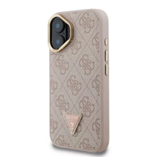 Guess PU 4G Strass Triangle Logo Stand Camera Frame MagSafe tok iPhone 16 készülékhez rózsaszín