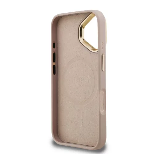 Guess PU 4G Strass Triangle Logo Stand Camera Frame MagSafe tok iPhone 16 készülékhez rózsaszín
