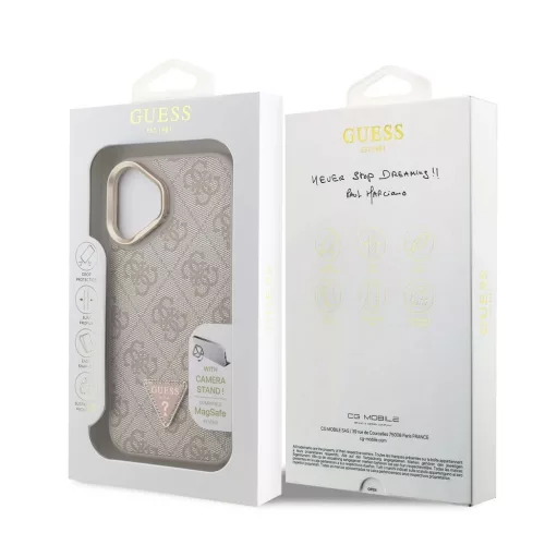 Guess PU 4G Strass Triangle Logo Stand Camera Frame MagSafe tok iPhone 16 készülékhez rózsaszín
