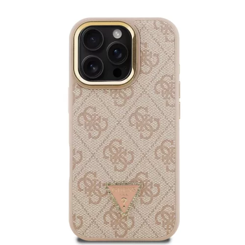 Guess PU 4G Strass Triangle Logo Stand Camera Frame MagSafe tok iPhone 16 Pro készülékhez rózsaszín