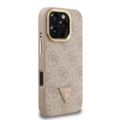 Guess PU 4G Strass Triangle Logo Stand Camera Frame MagSafe tok iPhone 16 Pro készülékhez rózsaszín