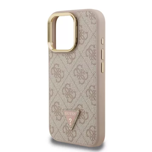 Guess PU 4G Strass Triangle Logo Stand Camera Frame MagSafe tok iPhone 16 Pro készülékhez rózsaszín