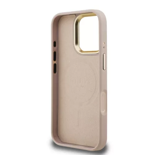 Guess PU 4G Strass Triangle Logo Stand Camera Frame MagSafe tok iPhone 16 Pro készülékhez rózsaszín