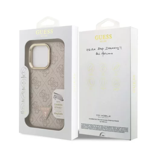 Guess PU 4G Strass Triangle Logo Stand Camera Frame MagSafe tok iPhone 16 Pro készülékhez rózsaszín
