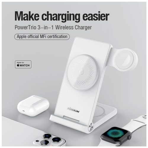 Nillkin PowerTrio 3in1 Vezeték nélküli töltő MagSafe Apple Watch készülékhez fehér (MFI)